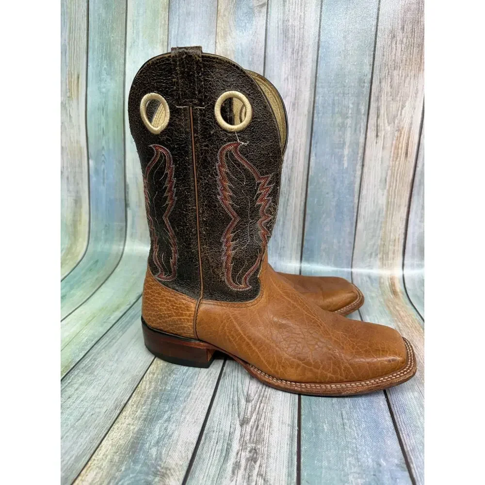 JM Western Cowboy Boots Brown Leather Square Toe Men's Size 12D Texas